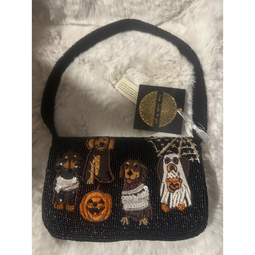 Beaded Halloween Dachshund Shoulder Bag Black Weenie Dog Ghost Pumpkin Purse NWT
